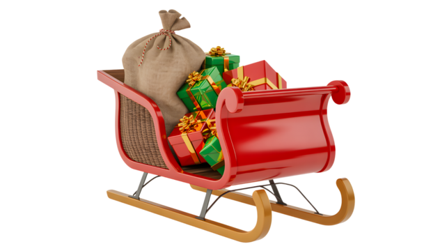 Red sleigh filled with christmas gifts and santa s sack isolated on transparent background