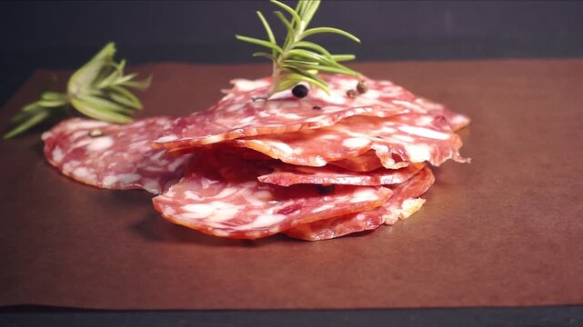 Slices of parma sausage fall onto sheet of paper decorated rosemary and black peppers, showcasing the delicious texture and vibrant color, slow motion