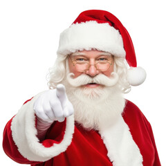 Friendly santa claus wearing his iconic red suit and hat pointing directly at the viewer with a warm smile isolated on transparent background