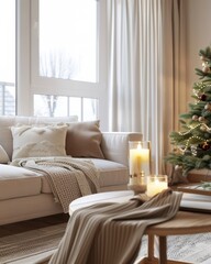 Fototapeta premium White couch with a white blanket on it