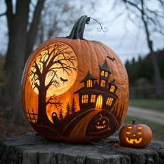 pumpkin carved with a haunted house design