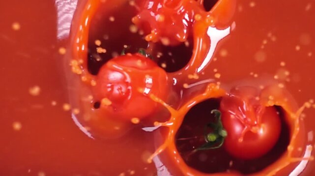 close up of natural whole tomato falling in juice, advertising of vegetable juice splashing, super slow motion