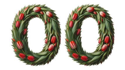 Two floral wreaths shaped like the number zero isolated on transparent background