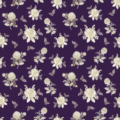 Seamless pattern with cream vintage floral elements pattern on dark violet background. Elegant vintage texture for fabric, packaging, wallpaper, and digital design. Modern decorative surface print.