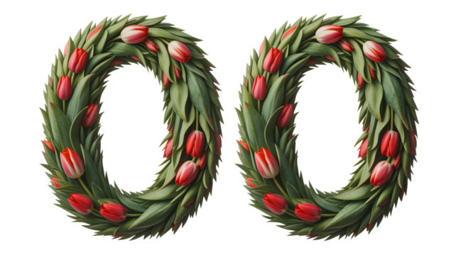 Two floral wreaths shaped like the number zero isolated on transparent background