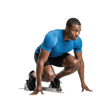 Athletic african american man in blue t shirt and black shorts in starting position ready to sprint isolated on transparent background