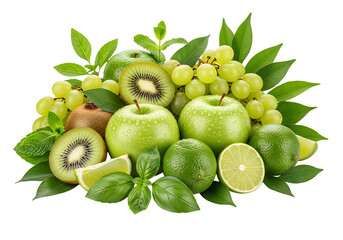 Fresh Green Fruit Still Life: Apples Grapes Kiwi and Lime.
