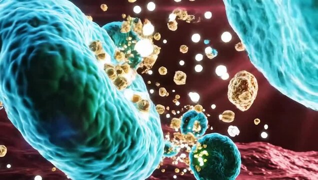 3D microscopic T cells with glowing surfaces and immune particles, dramatic lighting, scientific concept - generative AI