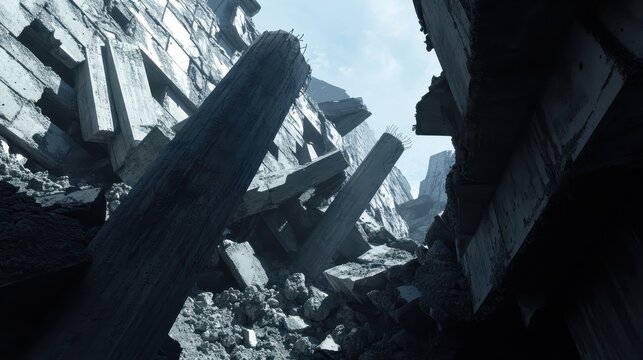 Toppled concrete pillars and structural ruins in a scene of destruction