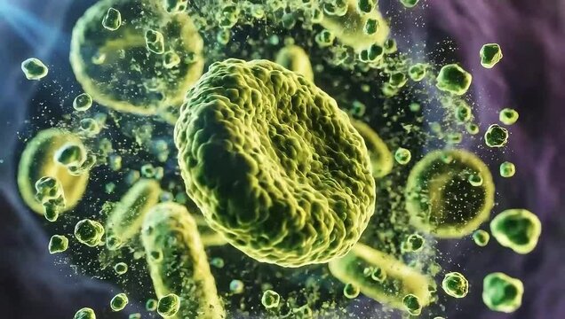 3D microscopic T cells with glowing surfaces and immune particles, dramatic lighting, scientific concept - generative AI
