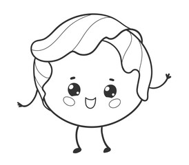 Smiling cabbage character in simple black and white line art. Perfect for coloring pages, vegetarian themes, or healthy food projects.