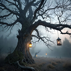 spooky tree with twisted branches and hanging