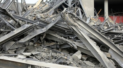 Twisted and Damaged Steel Girders After Building Collapse