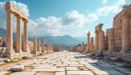 Ancient Greek temple ruins display grand stone columns, substantial structures lining paved historic road stretching into distance. Bright blue sky with white clouds hangs above classic architecture.