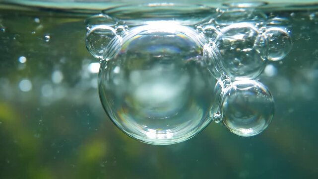 Macro image of underwater bubbles rising towards surface, clear water