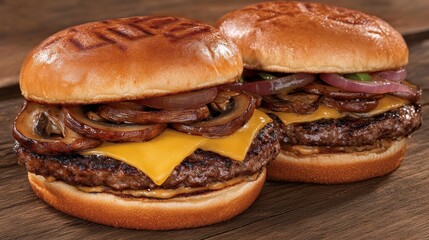 Two delicious gourmet burgers with grilled mushrooms and cheese