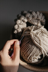Wool yarn for knitting. Suitable for arts and crafts, needlework, and knitting.