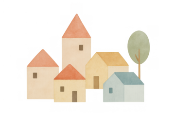 Watercolor village illustration with pastel houses and trees, transparent background, community growing concept