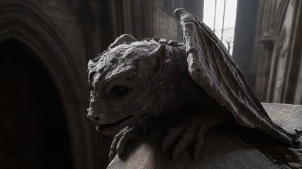 Weathered Stone Gargoyle Statue With Wing and Detailed Carving