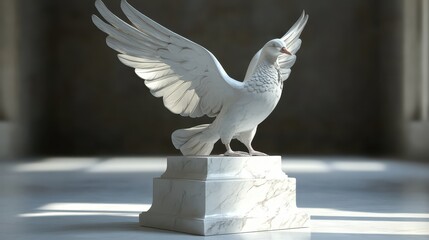 White Dove Sculpture Standing on Marble Pedestal with Wings Spread
