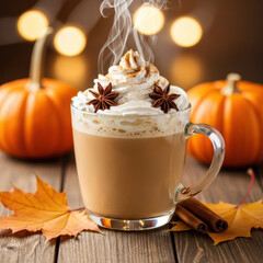 Delicious pumpkin spice latte with whipped cream and star anise
