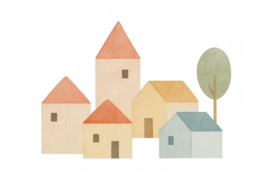 Watercolor village illustration with pastel houses and trees, transparent background, community growing concept - Powered by Adobe