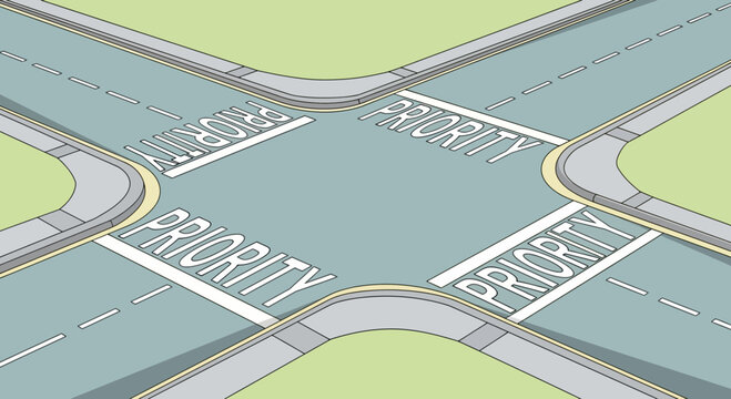 Road Intersection Artwork with Priority Word Displayed for Planning and Strategic Thinking