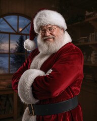 Jolly Saint Nick standing confidently in cozy living room.