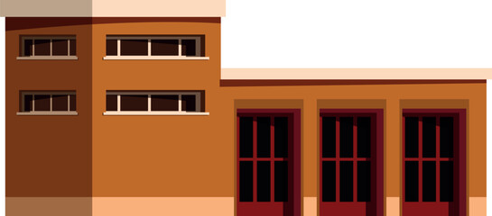 Fire station building with three large red garage doors and windows, side view, isolated on white background