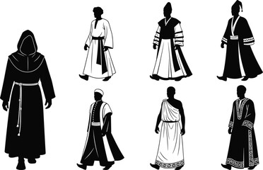 Silhouette, robe, traditional, costume, ceremonial, cultural, figure, black, icon, vector, attire, historical, design, illustration, hooded, toga, headpiece, minimal, fashion, character