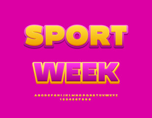 Vector Activity flyer Sport Week. Bright Modern Font. Yellow and Purple set of Alphabet Letters and Numbers