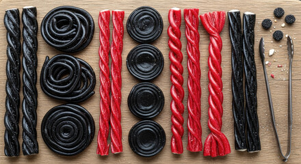 Delicious licorice candy assortment on a wooden surface