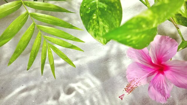 Soft shadows of hibiscus flowers, epipremnum aureum and palm leaves shimmer over sandy base, enhancing peaceful vibe of water scene, ideal for body care promotional material in slow motion, copy space