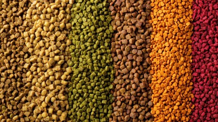 Different colors and shapes of pet food kibbles arranged neatly inviting a closer look at their textures.