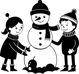 Children building a snowman wearing a scarf and hat, cheerful winter scene vector silhouette vector icon , black and white , white background