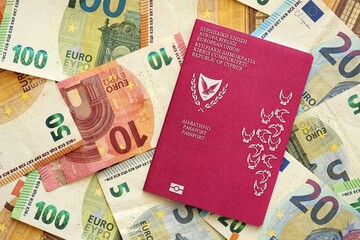 Kyprus passport lies on big amount of euro money banknotes close up. Rich life and travel in Europe concept