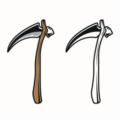 Scythe Vector Illustration – Grim Reaper Tool Colored And Outline Version , Perfect for Halloween, fantasy art, vintage tools, or dark aesthetic projects