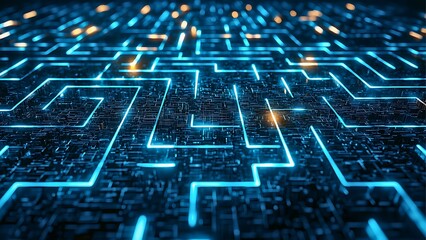 Intricate glowing lines depicting a complex network, symbolizing the digital world or a challenging puzzle. The vibrant blue lines create a mesmerizing pattern.