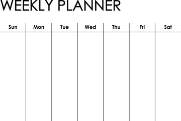 Weekly planner calendar - Sunday to Saturday format. Simple black and white design	