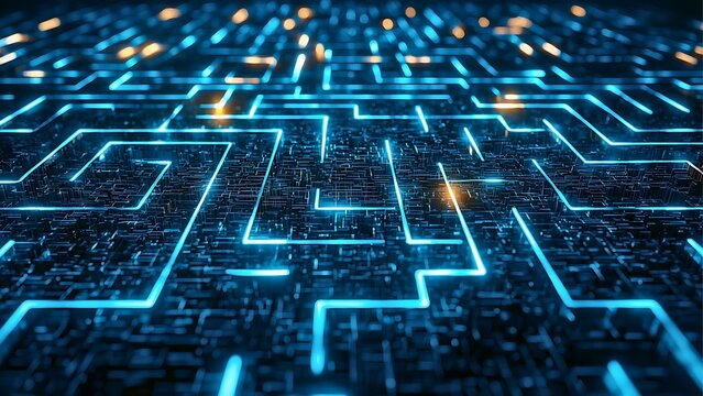 Intricate glowing lines depicting a complex network, symbolizing the digital world or a challenging puzzle. The vibrant blue lines create a mesmerizing pattern.