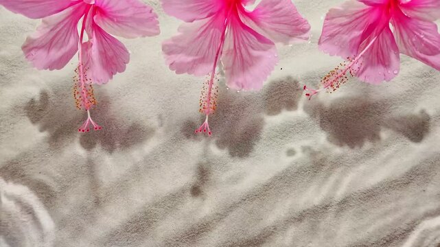 Pink hibiscus flowers floating in clear water over white sand, slow motion droplets creating mesmerizing patterns