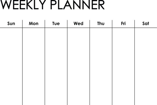 Weekly planner calendar - Sunday to Saturday format. Simple black and white design	