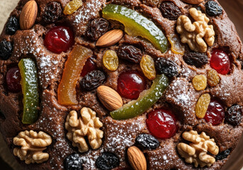 Delicious fruitcake with candied fruit, nuts, and powdered sugar