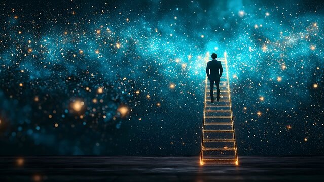 A man climbs a glowing ladder into the starlit sky, symbolizing ambition and achieving goals. The artwork combines elements of reality and fantasy, creating a visually compelling scene.