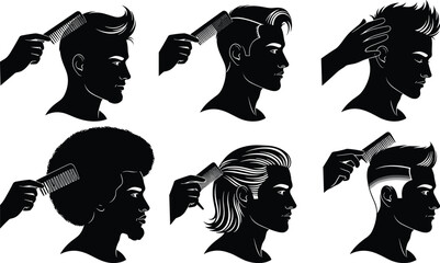 Male hairstyle silhouette, grooming action, stylish haircut, black profile, combing hair, modern fade, afro style, slicked back, textured look, barber icon