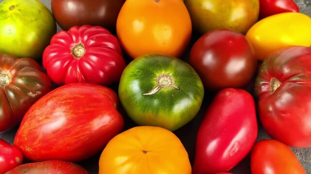 Assortment of ripe tomatoes spins highlighting rich red, yellow, and green hues as they glisten under light, showcasing their juicy textures