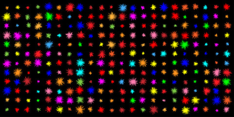 A vibrant abstract background featuring a grid of glowing, multi-colored starbursts and paint splatters, evoking a sense of celebration and digital energy