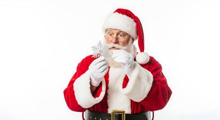 Fototapeta premium Santa claus holding a clear glass ornament against a white background