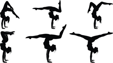 Handstand, silhouette, person, pose, flexibility, strength, balance, motion, black, icon, vector, minimal, design, illustration, gymnastics, yoga, acrobatics, athletic, movement, control