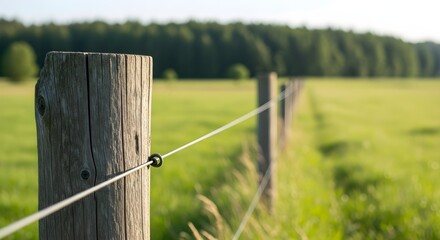 Fototapeta premium Rural Landscape Boundary Line in Meadow with Wooden Post and Forest Background